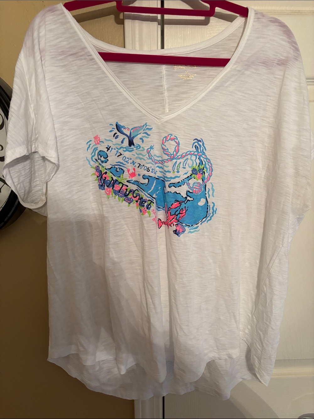 Lilly Pullitzer White Tee with Blue Nautical Graphic and Neon Accents